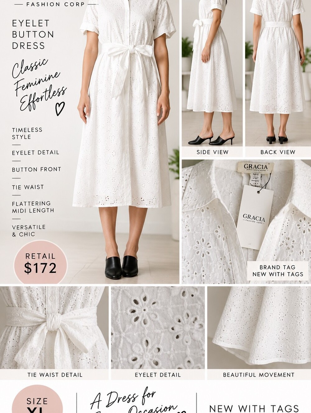 Gracia White Eyelet Button-Front Midi Skirt Dress with Tie Waist